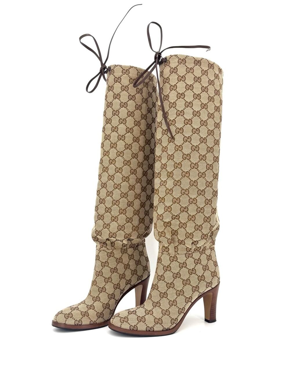 Gucci Lisa Monogram Slouch Knee High Heeled Pull On Boots 35.5